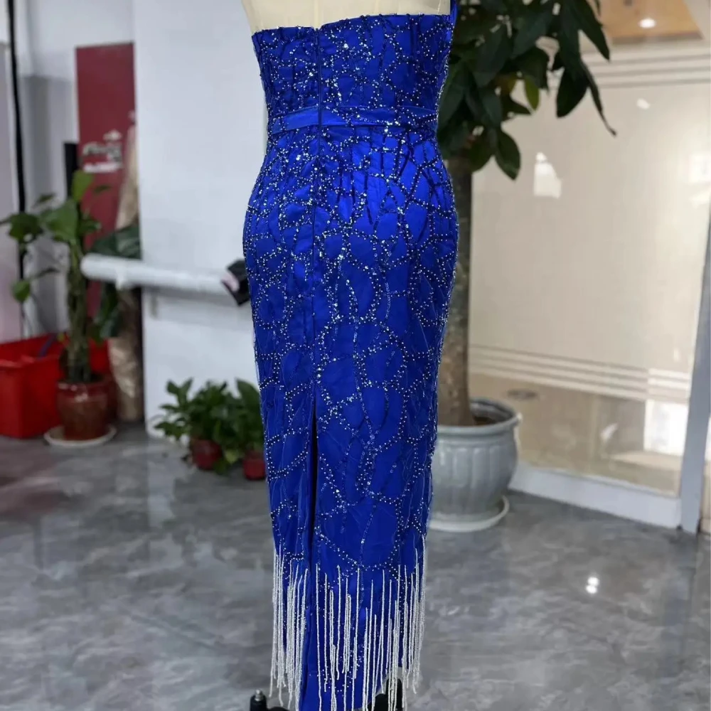 New Mermaid Prom Dresses Strapless Zipper Back Slit Women Wear Sparkling Beading Sequins Cocktail Party Evening Gowns Tassels