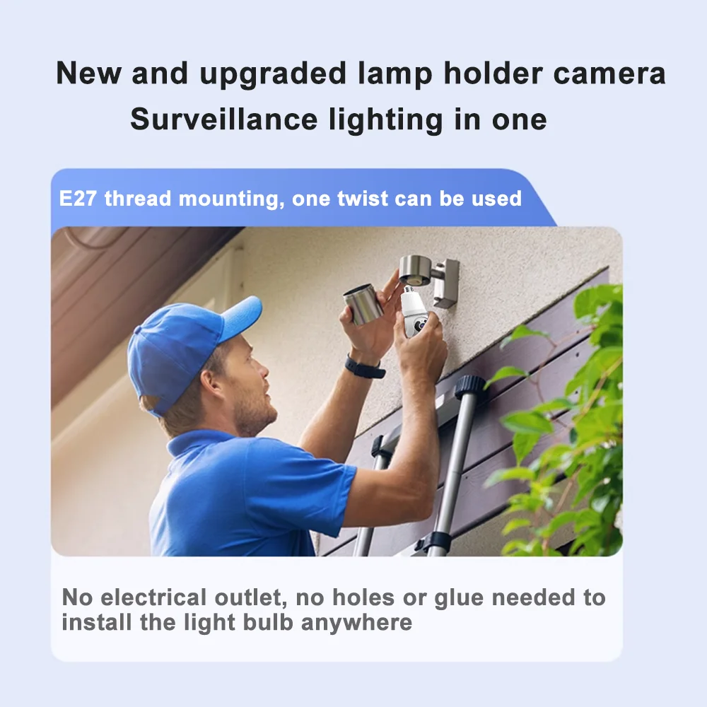 Man in a blue cap installing a SpyCam Light Bulb on a white exterior wall of a building.