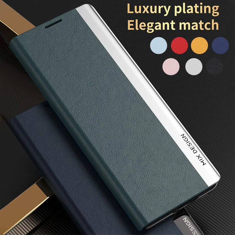 Leather Flip Phone Case with Shockproof Stand and Durable Hard PC Cover