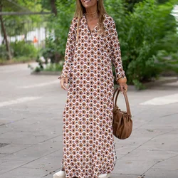Retro Pattern Printed Half Sleeve V-Neck Dress 2022 Spring Summer Women Casual Loose Long Party Dresses Elegant Femme Maxi Dress