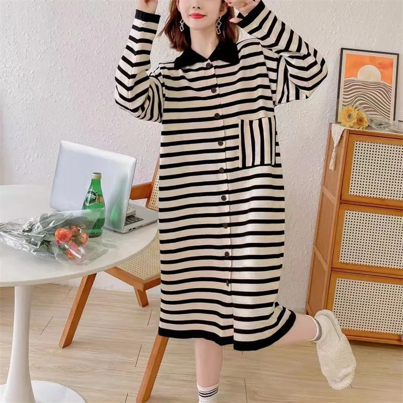 

Polo Collar Striped Long Sleeve Dress Women's Loose Knit Cardigan Sweet Style Slim Dress Women's Wear