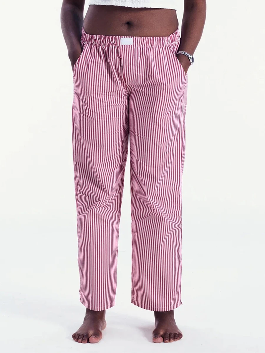 Women Y2K Striped Lounge Pants Pinstriped Wide Leg Pajama Pants Gingham High Waist Casual Loose Pants 90s Vintage Clothes