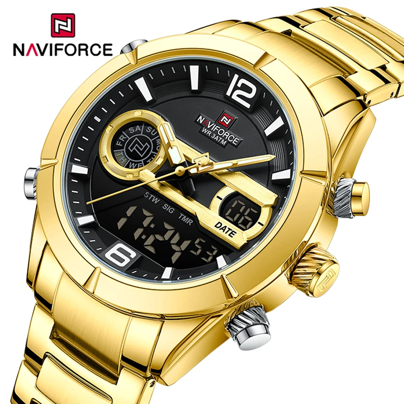 Orologio Uomo Naviforce Di Lusso Al Quarzo, Cassa Oro 47 Mm, Cinturino In Vera Pelle, Quadrante Grande Con Calendario, Impermeabile 3 ATM