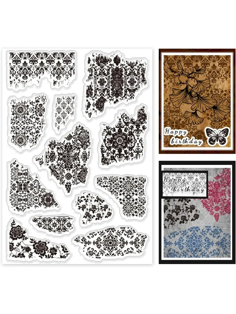 1 Blatt transparentes Stempelset mit Vintage-Textur-Hintergrund, 12-teilig, transparenter Stempel, Retro-Silikonstempel für Scrapbooking-Karten