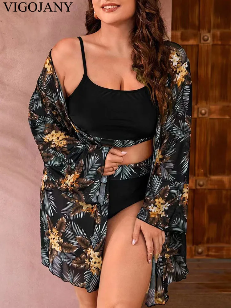 

VigoJany 2024 Print 3 Piece Long Sleeve Smock Plus Size Bikini Set Women Push Up Big Swimsuit High Waist Chubby Bathing Suit