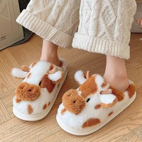 Women's Winter Warm Cartoon Cow Slippers Closed Toe Non Slip Furry House Shoes Women Indoor Bedroom Thick Sole Plush Slippers - Image 3