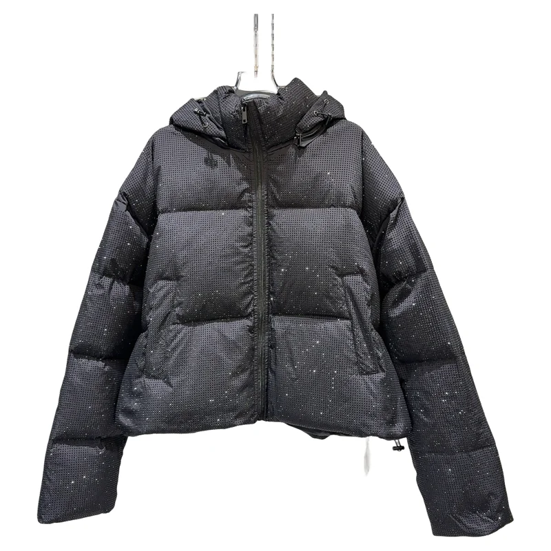 Winter New Heavy Du Star iny Rhinestone Design Hooded Cotton Jaet Thiened Street Sle Long Sve Zipper Closure Coat