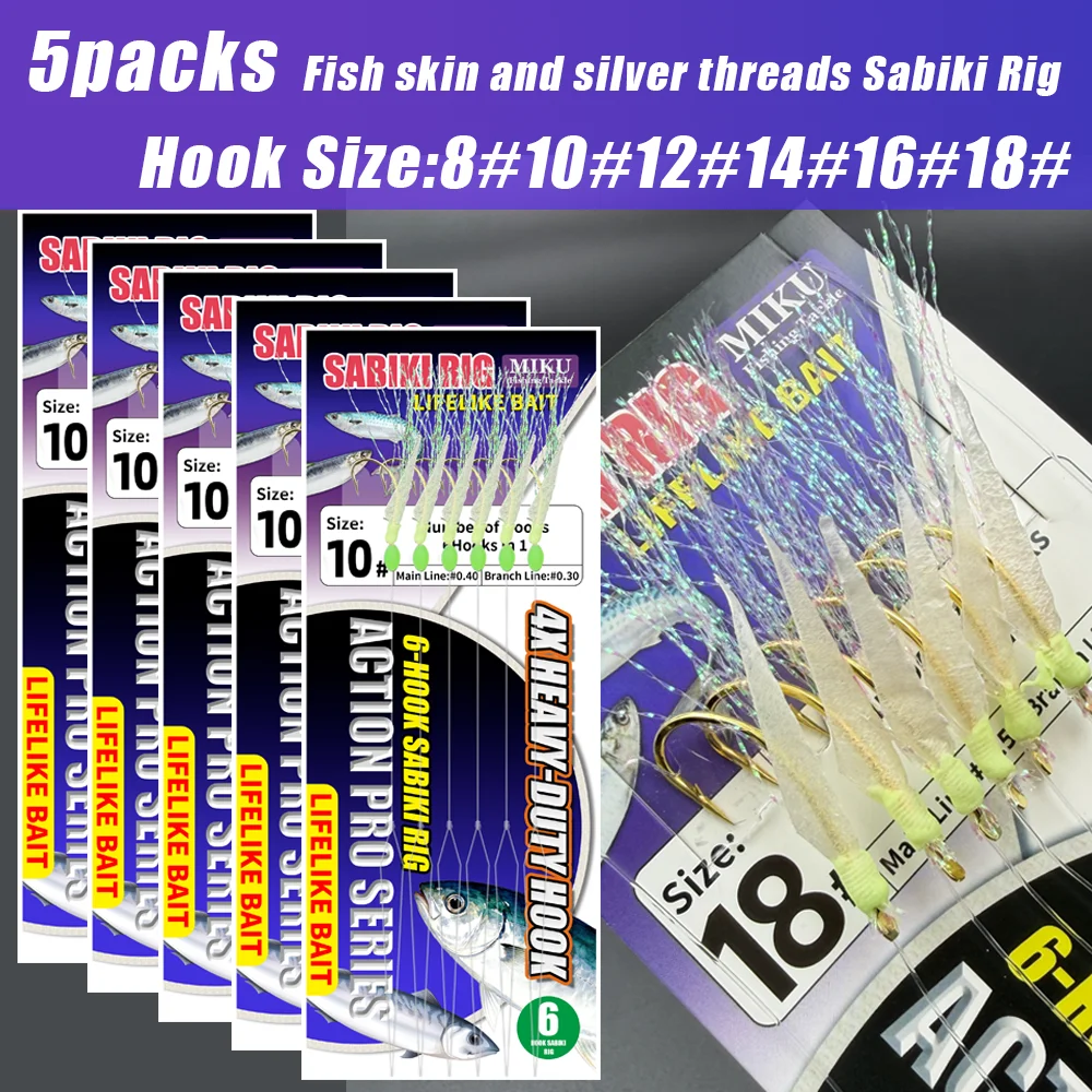 5 Packungen Sabiki-Rig mit Fischhaut und Silberfäden, echte Fischhaut, leuchtende Perlen, hocheffizientes Zubehör für das Meeresangeln