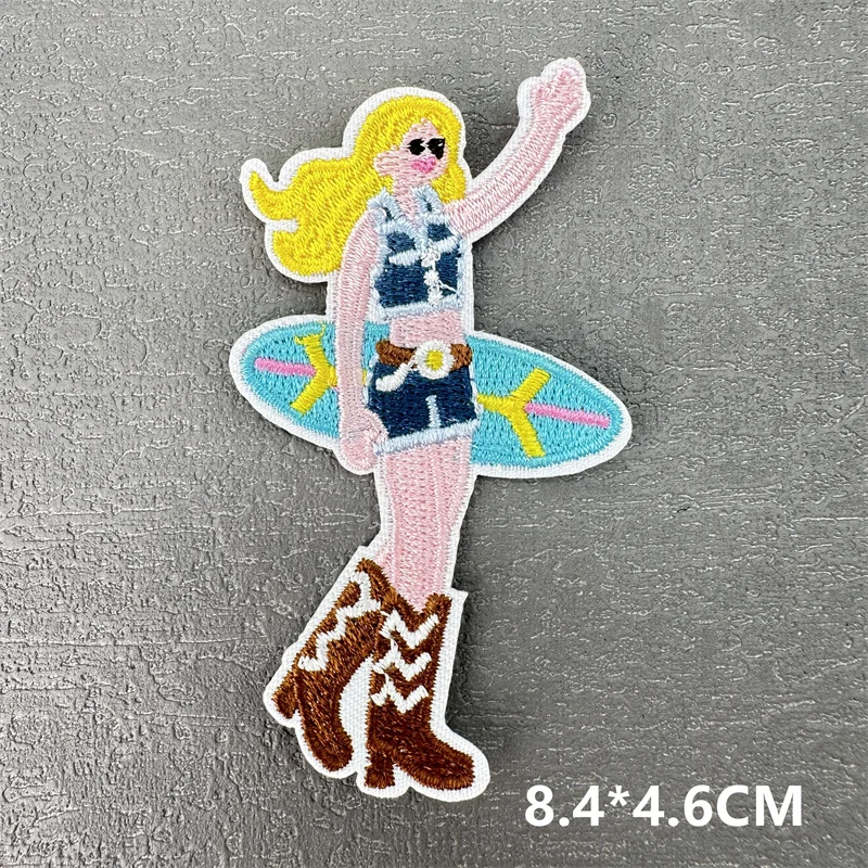 블루 오션 쉘 웨이브 패치 의류 스티커 서퍼 소녀 자수 패치 옷 DIY 바느질 스티커