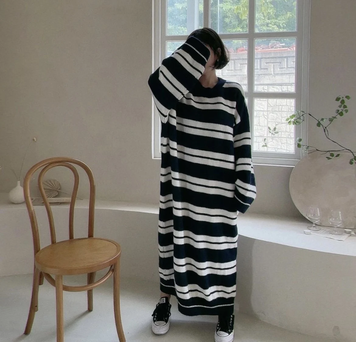 

Designer Runway Korean Fashion Elegnat Vintage Striped Loose Casual Winter Autumn Knitting Sweater O Neck Long Sleeve Dresses