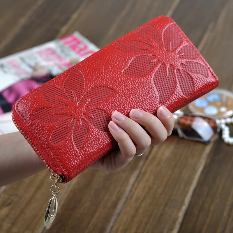 Genuine Leather Women's Long Wallet Floral Design Classic Zipper Clutch Wallets Luxury Female Purse Card Holder Phone Pocket