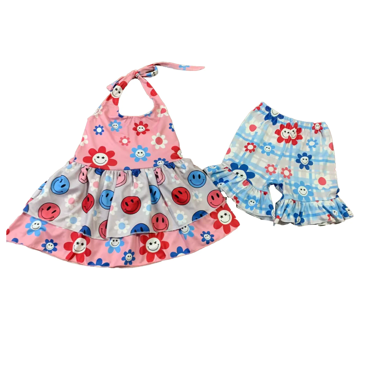 

Baby GirlSummer Clothes Smile Floral Printing Pattern Sling Top Ruffle Shorts Wholesale Children's Boutique