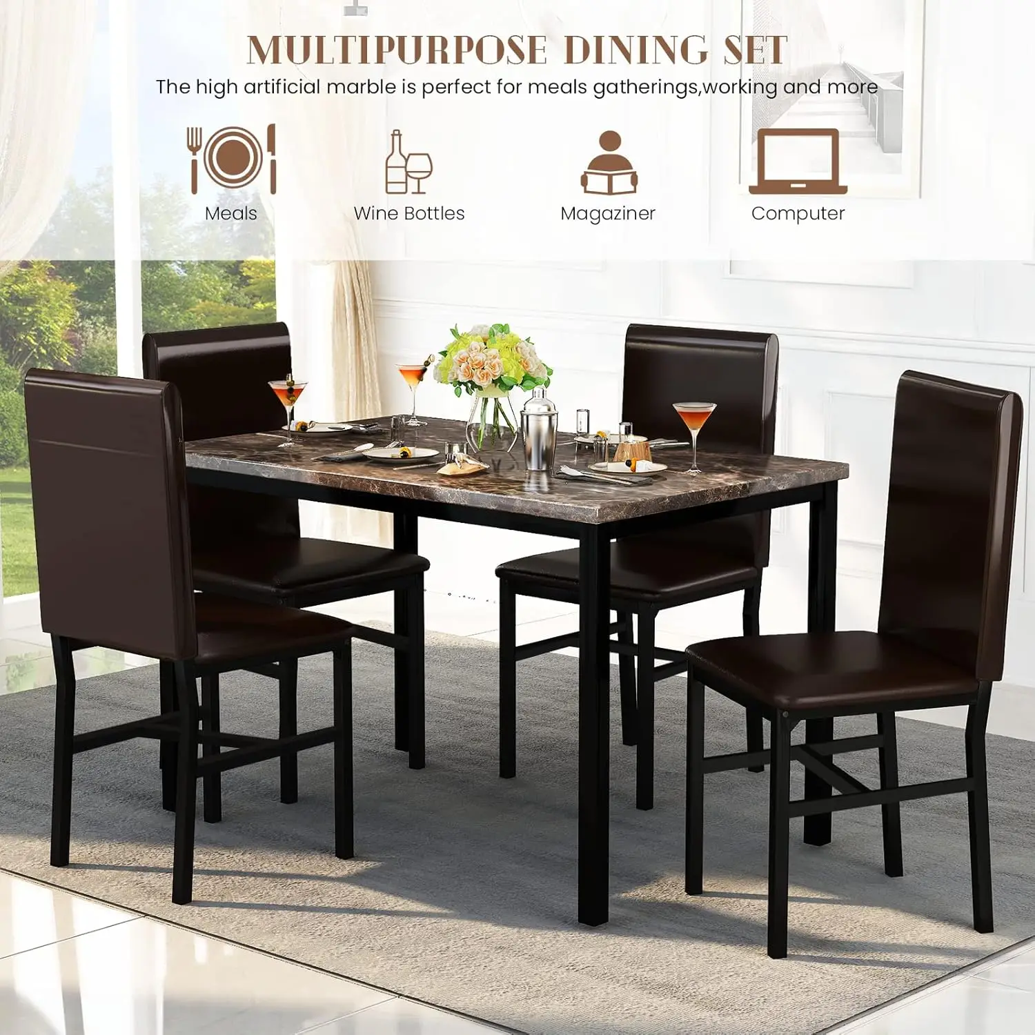 NEW5 Piece Dining Table Set for 4,Faux Marble Kitchen Table and Chairs for 4, Dining Room Table Set with Chairs, Brown 6