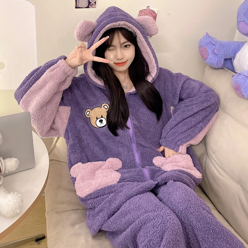 Winter Pajama Set For Women Clothes Thicken Warm Pyjamas Cartoon Bear Print  Coral Fleece kawaii Pijama Night Wears With Pocket - AliExpress