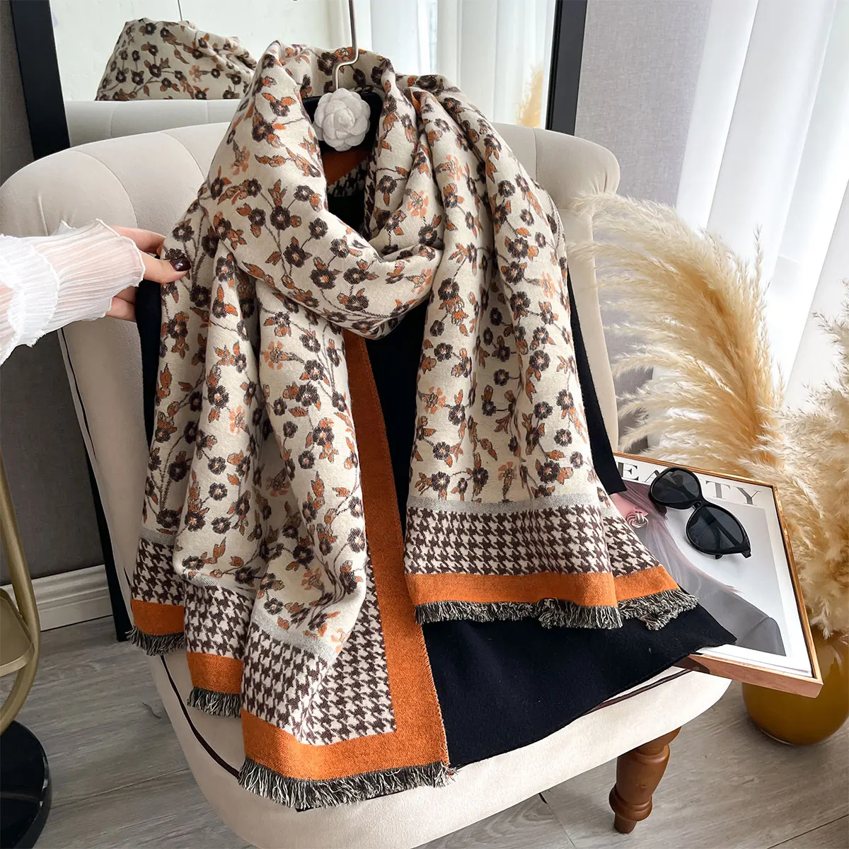 Winter Cashmere Scarf For Women Floral Shawl Wrap Female Pashmina Luxury Brand Poncho Thick Blanket Warm Bufanda Echarpe Femme