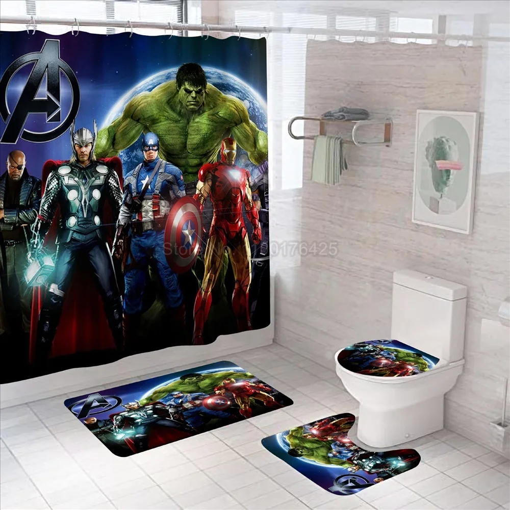 Marvel Avengers Captain America Shower Curtain Iron Man Toilet Lid Cover 4PCS 