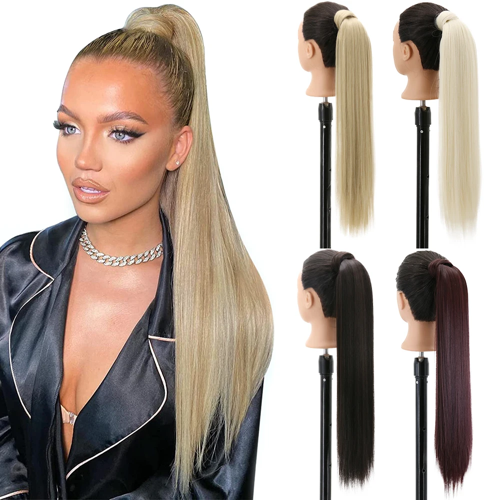 Synthetic Long Straight Ponytail Wrap Around Clip In Hair Extensions Natural Hairpiece Fiber Black Blonde Fake Hair Pony Tail