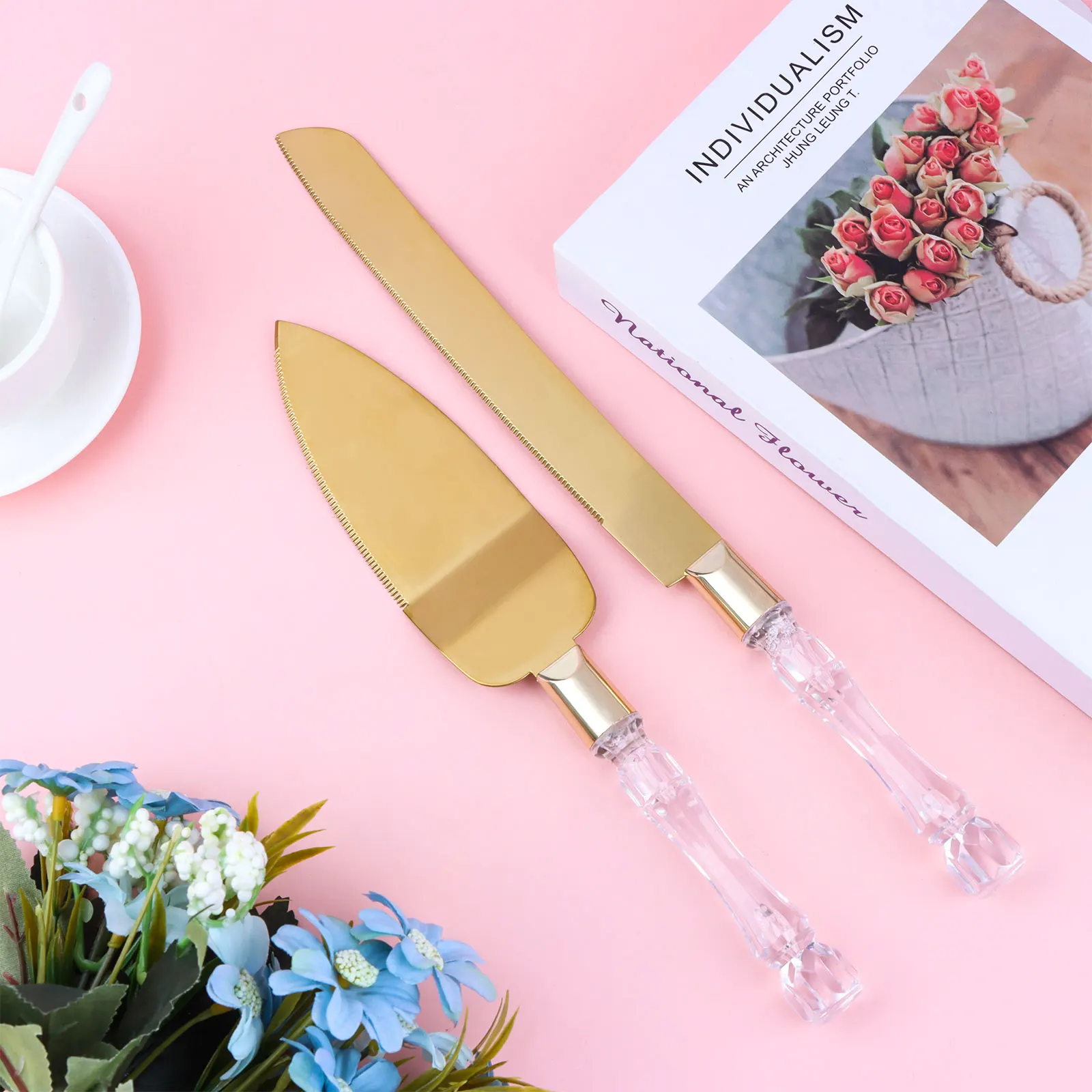 Wedding Cake Knife and Server Set 2Pcs Gold Silver Cake Knife & Shovel Service Set Pizza Knife for Weddings, Birthdays, Parties