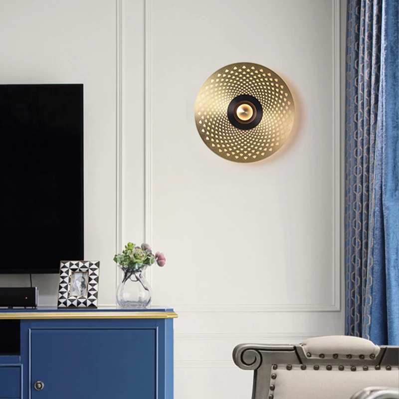 

Post Modern Copper Creative Design Sunflower Wall Lamp Living Room TV Background D30cm Round Bedroom Bedside Home Decore Lights