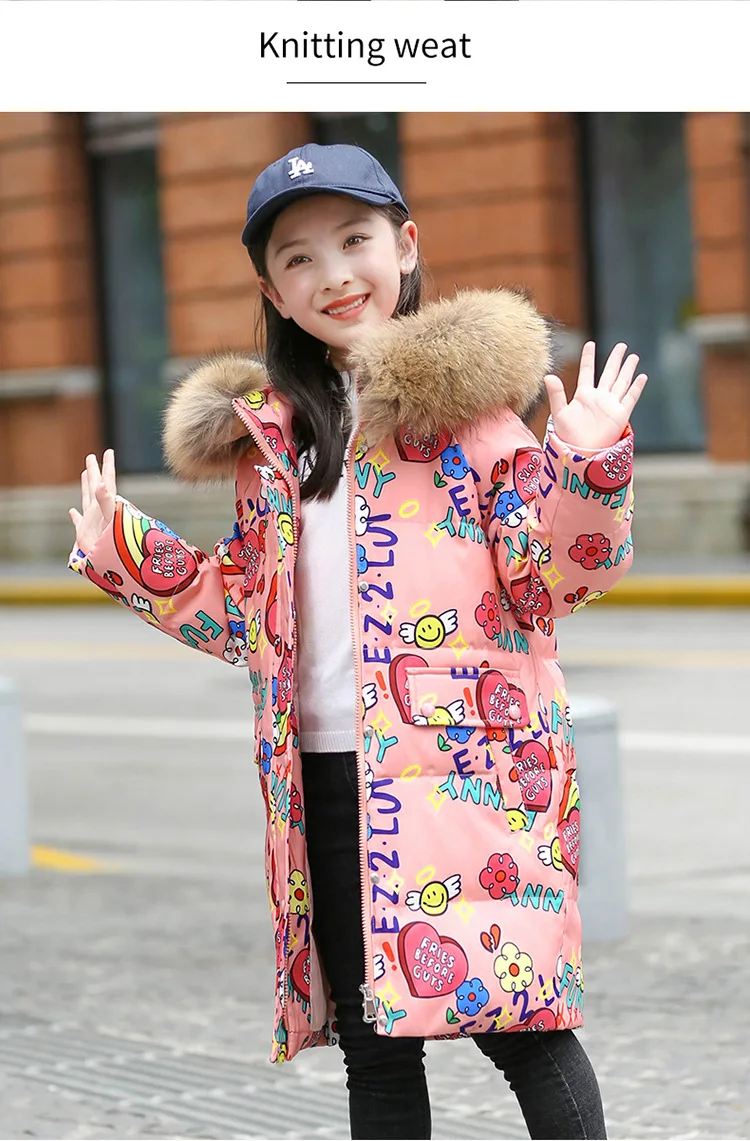 OLEKID 5-16 Jahre Mädchen Winter Daunenjacke Pelzkragen Mit Kapuze Cartoon Gedruckt Lange Teen Mädchen Oberbekleidung Mantel Kinder Graffiti Outfit – Detail 10