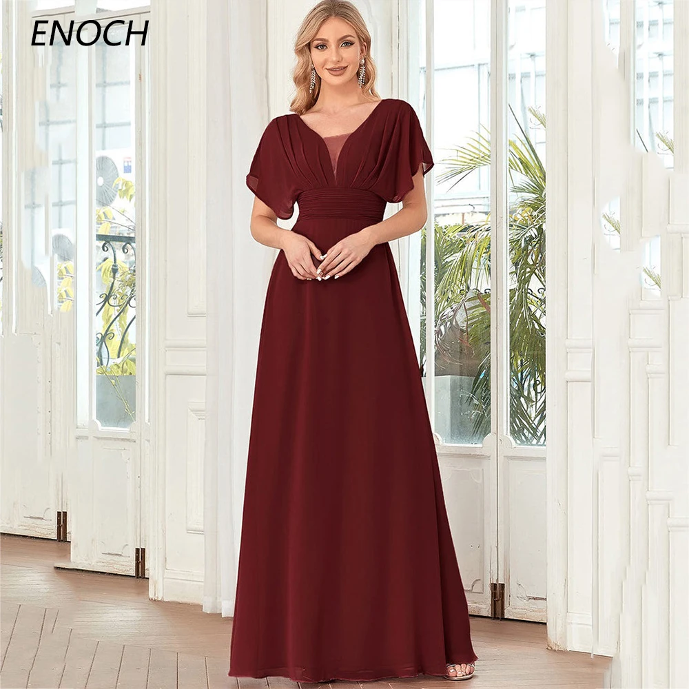 

Простое шифоновое вечернее платье ENOCH с V-образным вырезом, плиссированные вечерние платья с коротким рукавом и V-образным вырезом, платья до пола для торжества, индивидуальный пошив