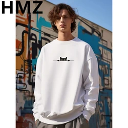 HMZ Autumn Cartoon Cat Print Sweatshirts Harajuku Loose Outwear Men Oversized Sweatshirts High Street Casual Long Sleeve Tops