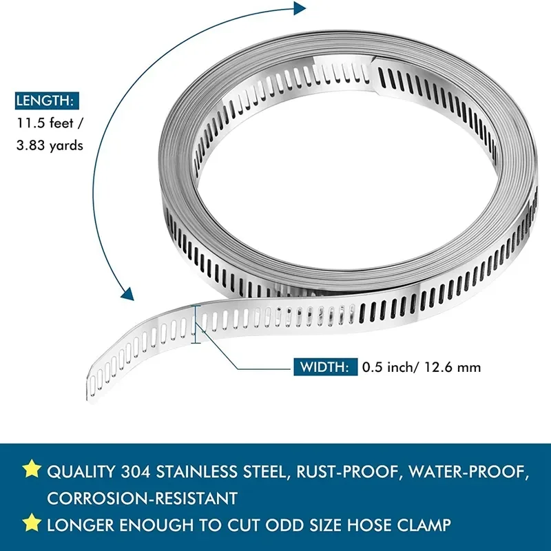 Aço inoxidável braçadeira de mangueira, Worm Gear Pipe, duto braçadeira de mangueira, 8 fixadores Worm, ajustável, 11.5 pés, 3.5m, Novo