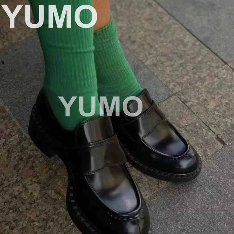 

2023 Spring Autumn Genuine Leather Slip On Loafers Shoes Women Round Toe Thick Bottom Casual Punk Women Outfit Chunky Heels