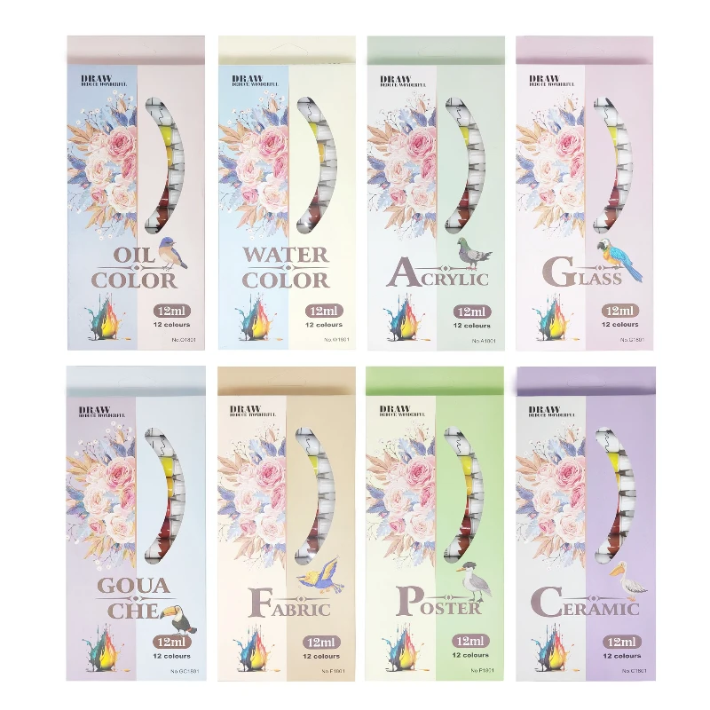 12색 12ml 아크릴 구아슈 수채화 세라믹 섬유 유화 물감 강력한 커버력 그라피티 여행 스케치용