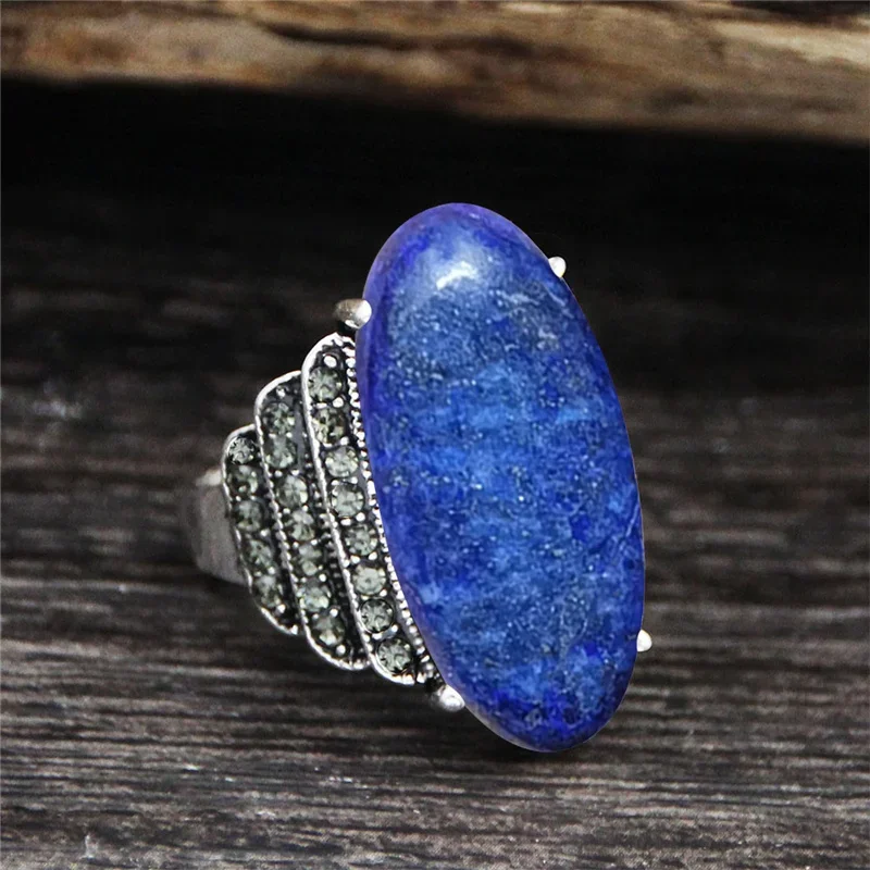 Finger Ring Silver Ring Vintage Natural Eye Shape Quartz Lapis Lazuli For Women Real Antique Silver Plated Natural Stone Unakite Rhinestone
