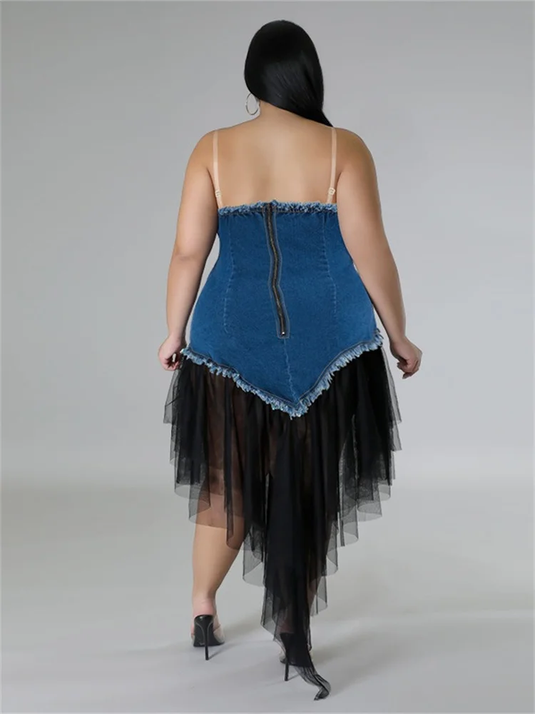 Wmstar Plus Size Denim Dresses for Women Summer Solid Sleeveless Fashion Casual Mesh Patchwork Maxi Dress Wholesale Dropshipping