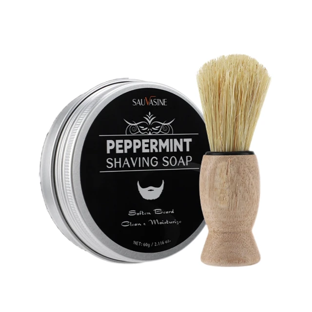 60g Mint Shaving Soap with Brush Refreshing Peppermint Mens Shave Cream No Irritation Facial Rich Foam Smooth Beard Removal