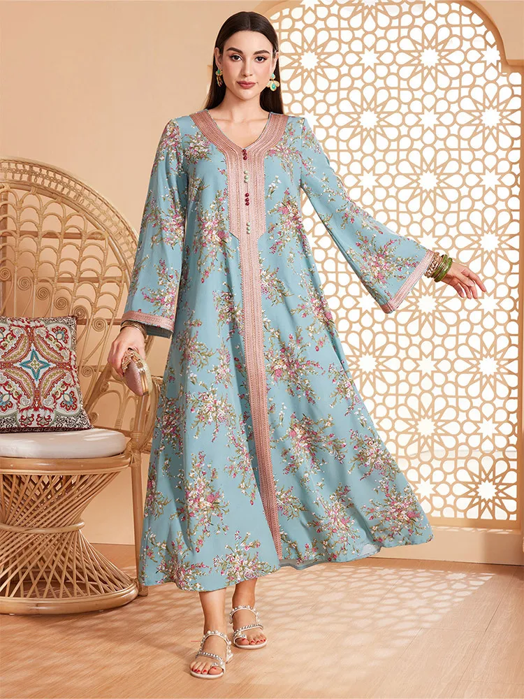 

Fashion Women Long Sleeve Floral Print Muslim Dress Spring Summer Vintage Abaya Ramadan Islamic Clothing Bohemian Party Vestidos
