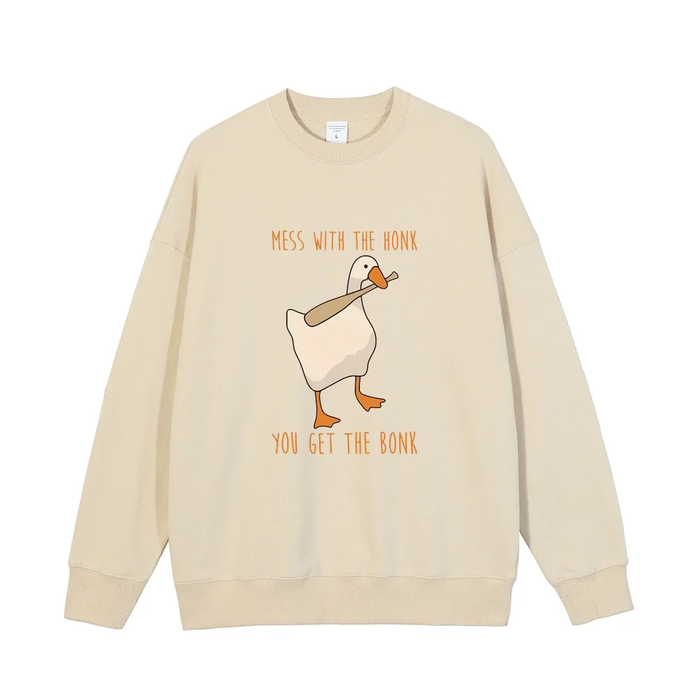 Mess with The Honk You Get The Bonk Print Crew Neck Sweatshirt Men Women Funny Cute Duck Fall Fleece Pullover Black Warm Sweater