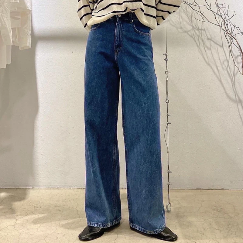 High Waist Wide Leg Denim Jeans Women's Vintage Chic Waed Blue One Button Design Loose Fit Autumn Straight Tube Trousers