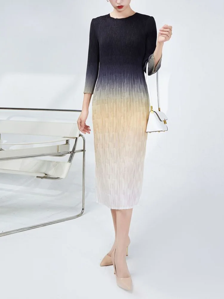 

YUDX Evening Dress For Women Pleated Gradient O-neck Three Quarter Sleeve Luxury Loose Female Autumn Winter Cothing New