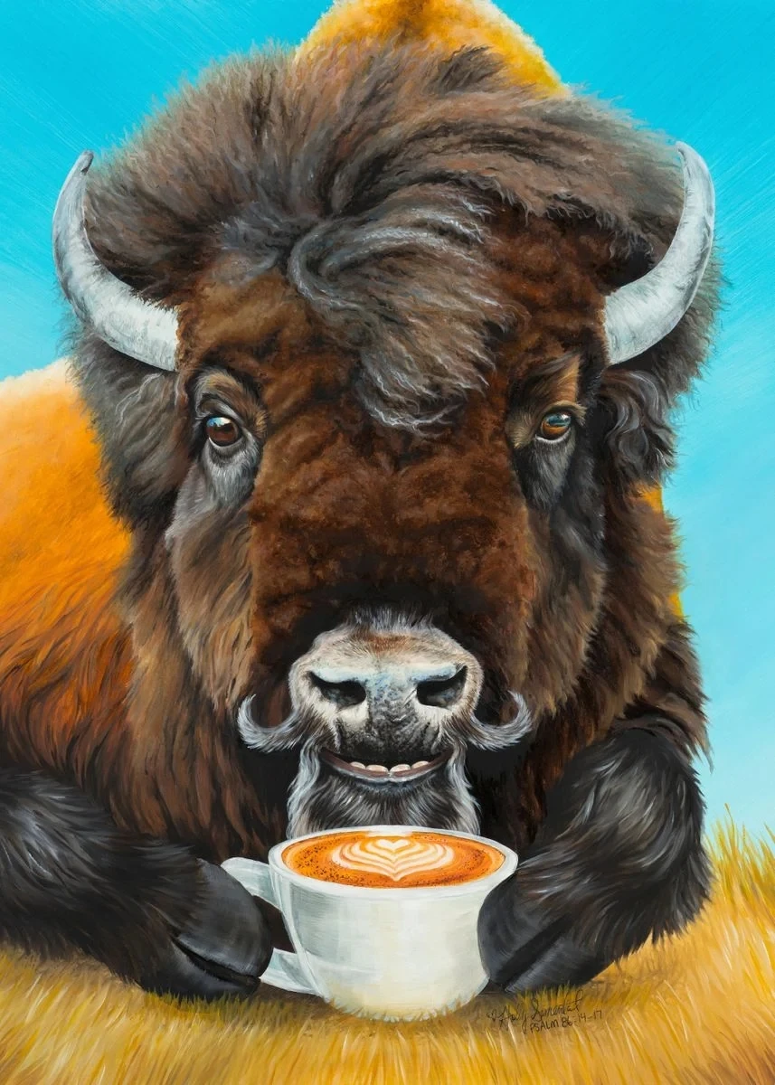 thumbnail image 1 of Póster de oso, camello, bisonte, zorro, mapache, animal que sostiene una taza de café, pintura en lienzo, arte de pared moderno, imagen para decoración del hogar y la cocina, 1 of 5