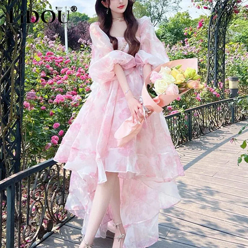 

Summer New Floral Printing Irregular Dress Ladies Puff Half Sleeve Princess Robe Women's Sweet Fairy Dresses Vestidos De Fiesta