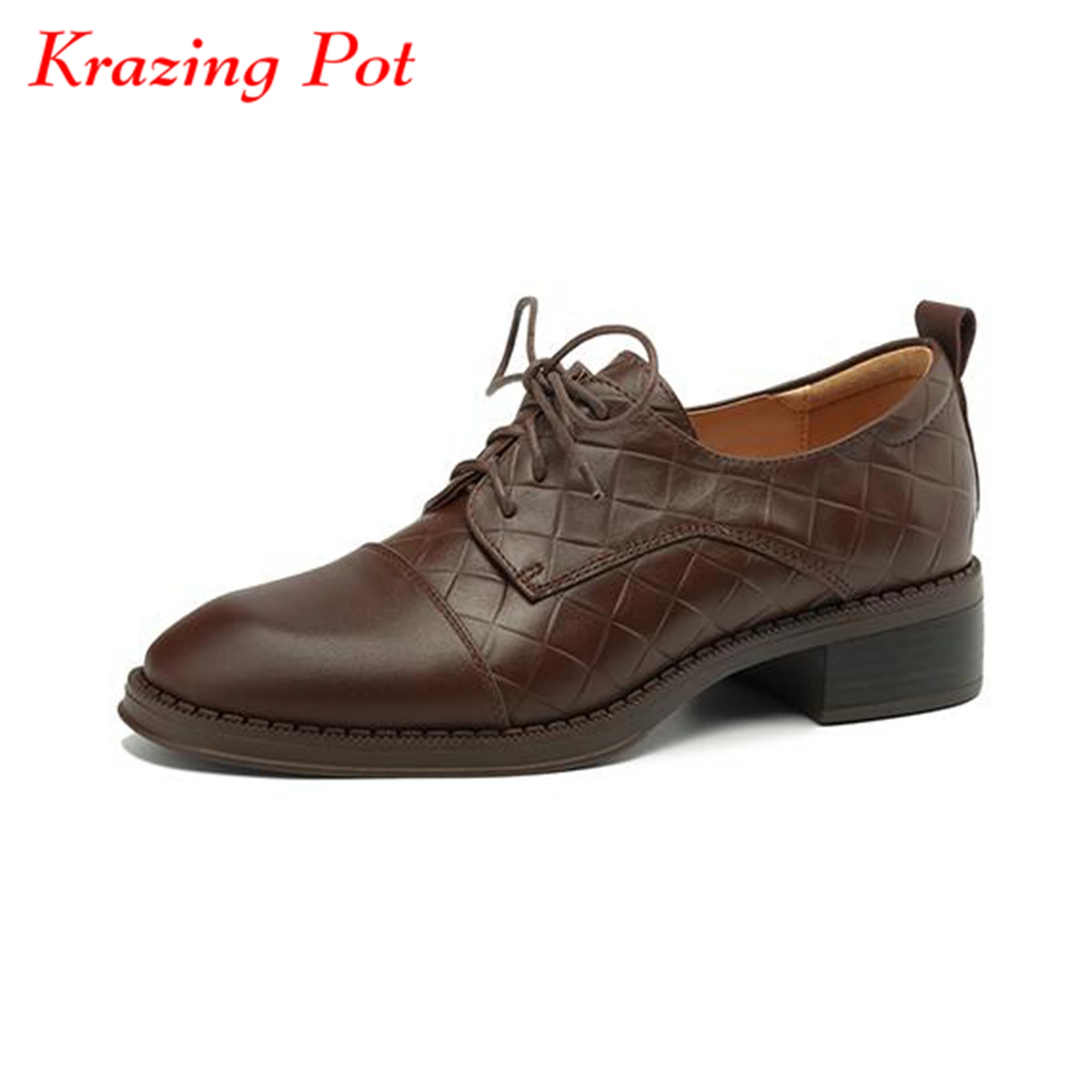 

Krazing Pot Full Grain Leather Med Heels Spring Brand Shoes Lace Up Big Size 43 Round Toe Prints Leather Mature Lady Women Pumps