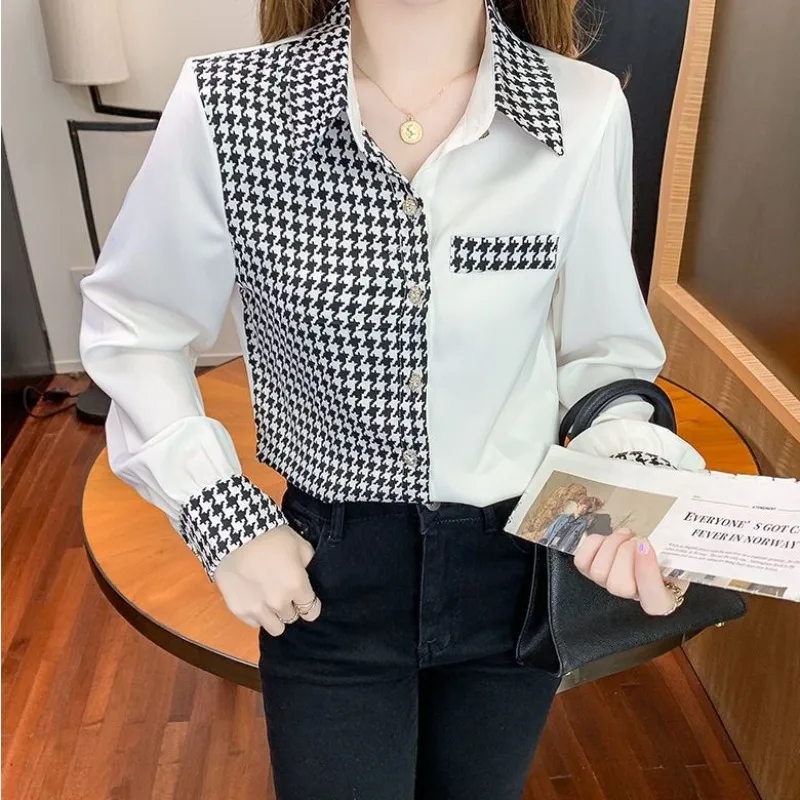 DAYIFUN Checkered Patchwork Design Shirts Women's Retro Long Sleeve Blouses Spring Autumn New 2024 Fashion Loose Tops Gentleness
