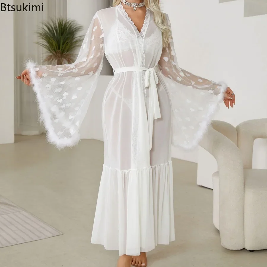 Women's Sexy Mesh Nightgowns Lace Sheer Bathrobes with Belt Long Kimono Nightwear Feather Trim Flare Sleeve Lingerie Robe Femme