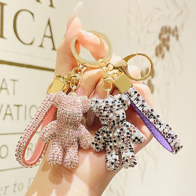 Fancy Strass Rhinestone Diamond Bear Animal Keychain Leather Strap Bear  Animal Car Key Chain Bag Pendant Llaveros Para Mujer