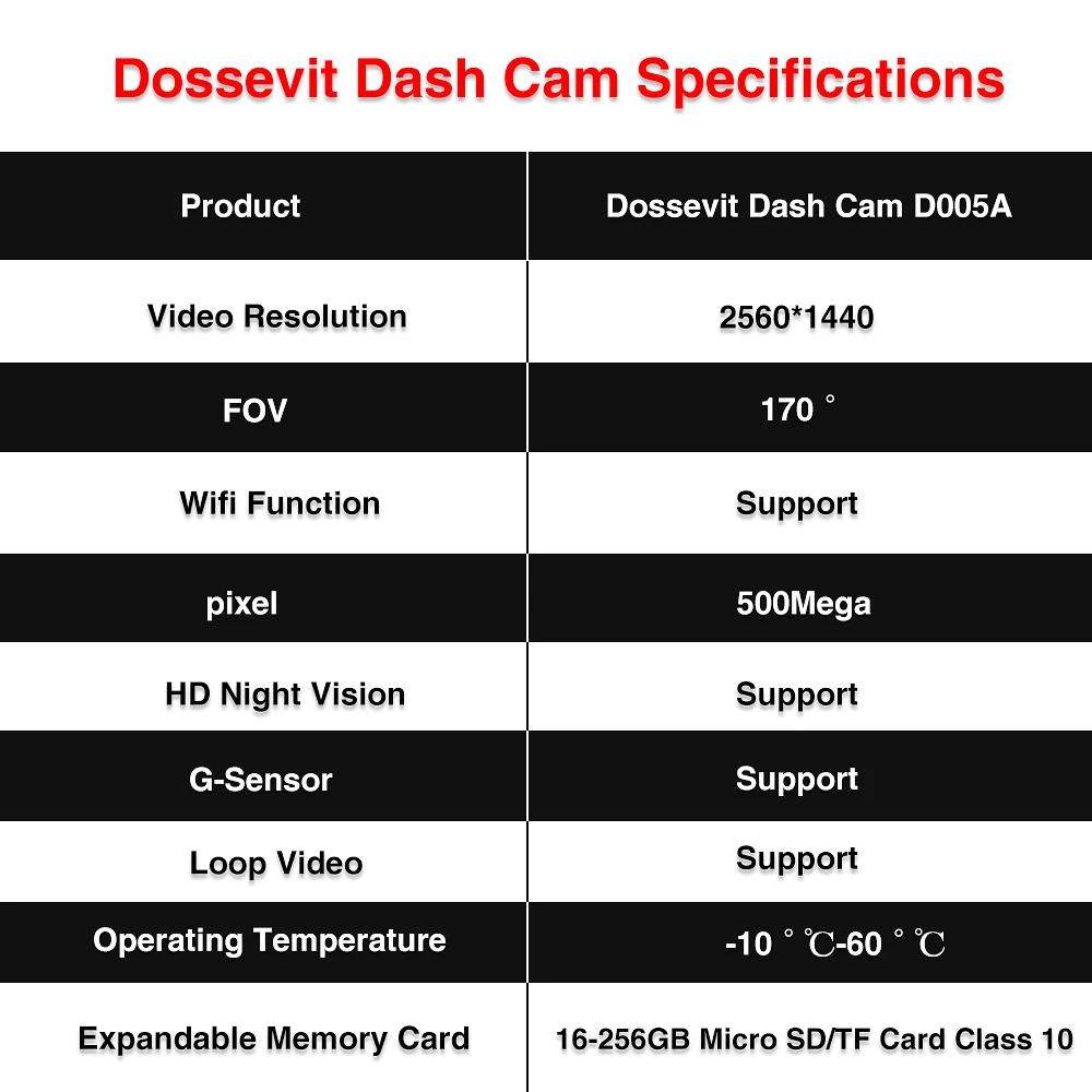 car security camera Dossevit QHD Night Vision Dash Cam 1440P Wifi Car DVR 170° Wild Angle Camera With G-Sensor WDR 24H Parking Monitoring car camera system