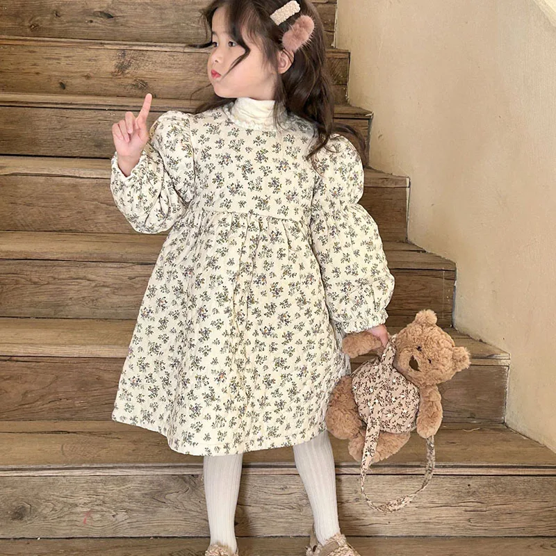 

2023 Winter New Children's Wear Girls' Cotton Fragmented Flower Dress Thickened dress 2-63