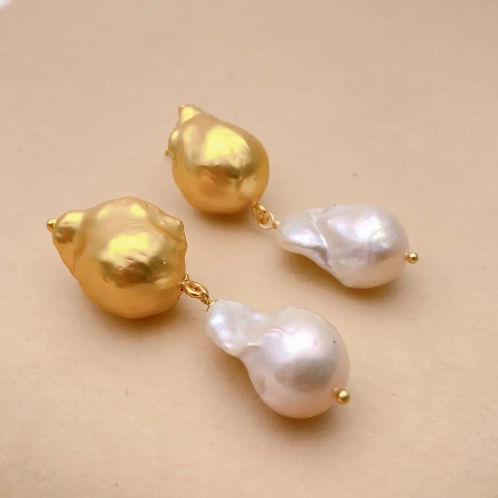 Orecchini Pendenti Con Perla Barocca In Argento 925 Placcato Oro 14k - Perle D'Acqua Dolce - Gioielli Donna