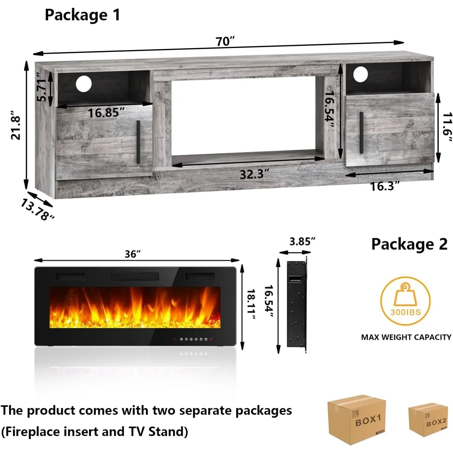 Fireplace TV Stand Entertainment Center w/ 36" Fireplace, 70" Wooden TV Stand,16 Colors LED Lights (Grey)
