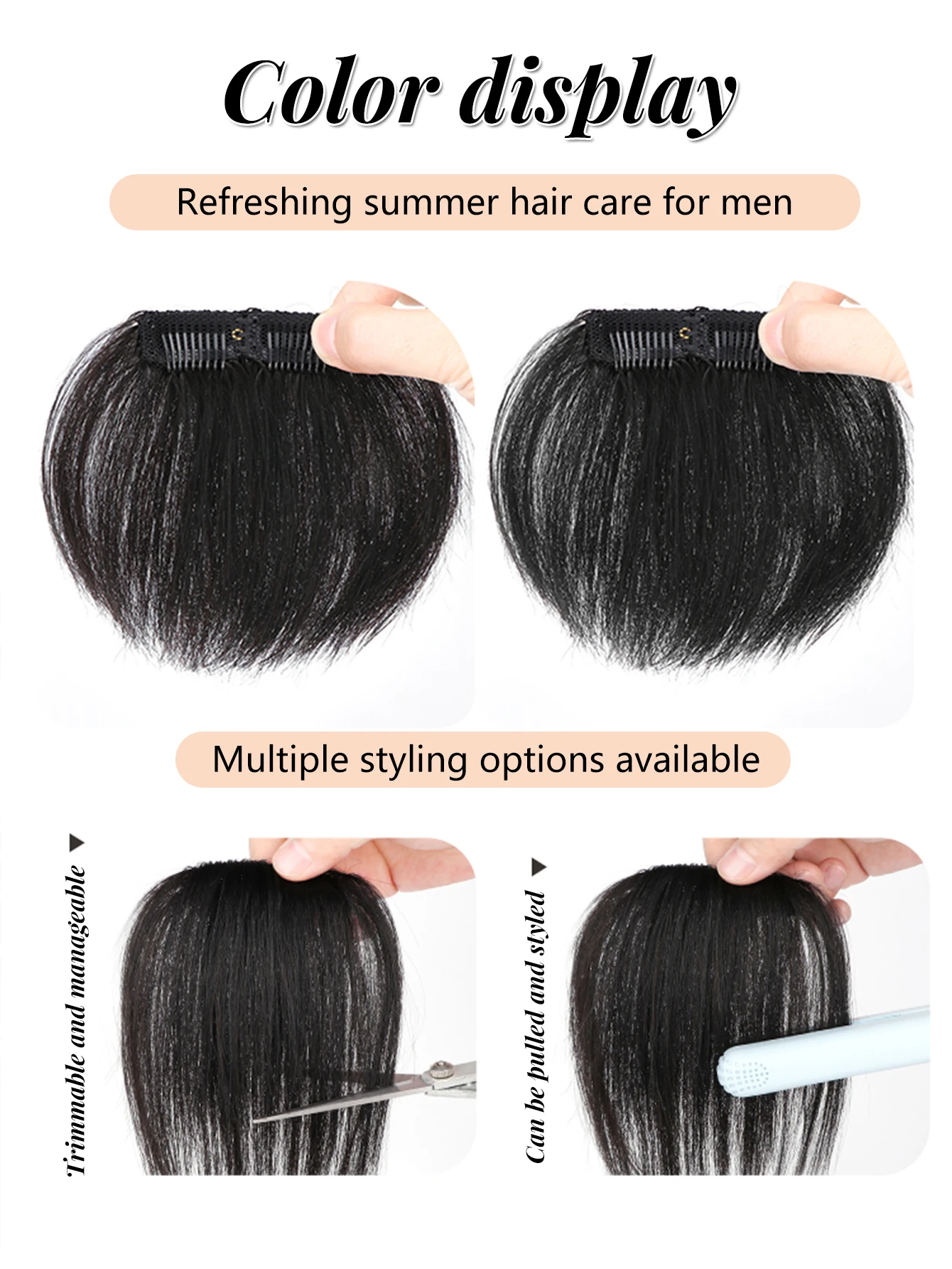 Human Hair Bangs for Men Clip in Real Hair Fringe Extension