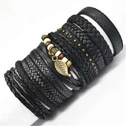 Set of 10 Handmade Black Woven Leather Bracelets for Men and Women - Fashionable Jewelry Gift Collection (Style 8)