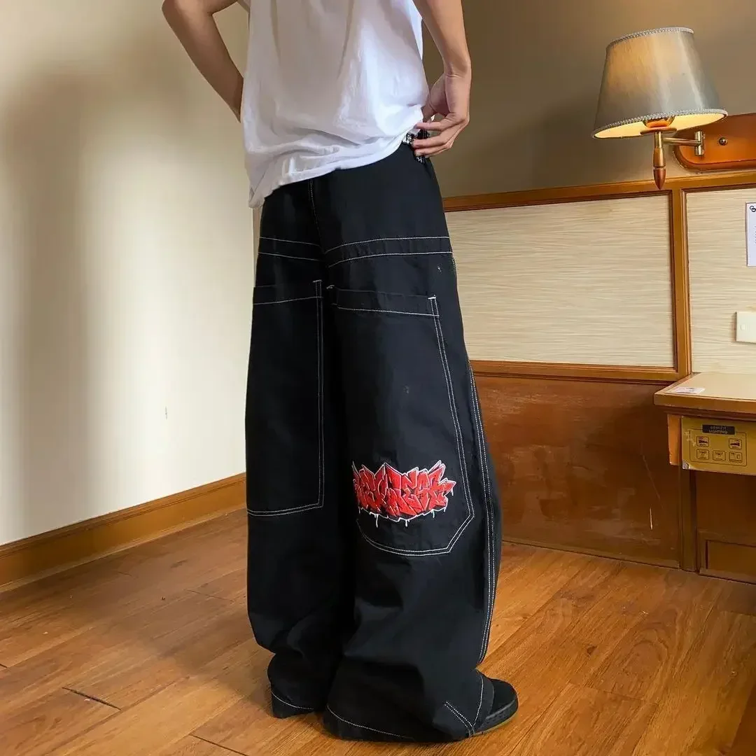 Y2k Fashion Street Personalized Loose  Hip Hop Alphabet Embroidered Outdoor Sports Jeans Harajuku Punk New Wide Leg Black Jeans 6