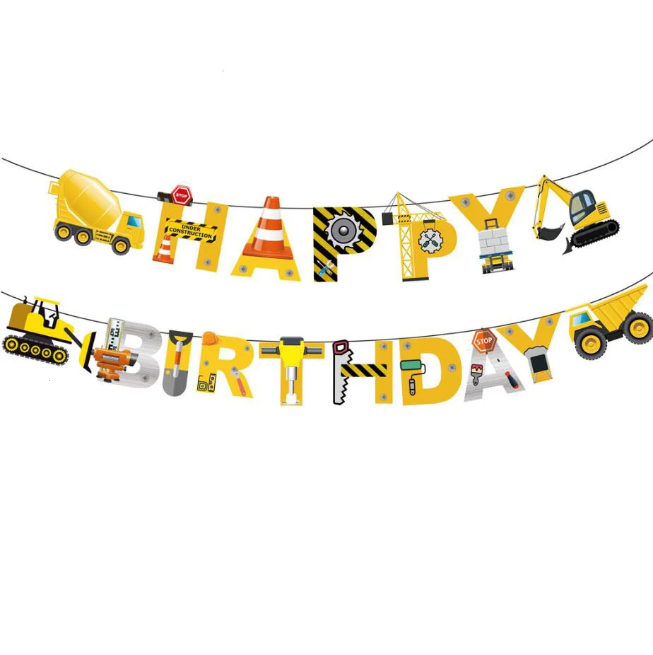 1set Construction Bulldozer Series Disposable Tableware Paper Cups Plates Truck Balloons For Boy's Birthday DIY Party Decoration